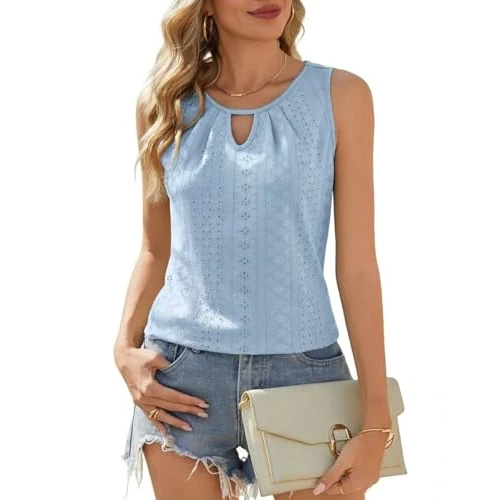 Offre limitée : Zeagoo Débardeur Femme Élégant Été Haut Col en V sans Manche Caraco Oeillet Broderie Chemise Amples de Base Shirts Bleu S de 9.49 € à 8.49 € (11% de remise)
