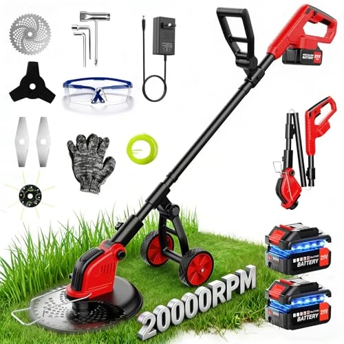 Offerta a tempo: 4 in 1 Decespugliatore a Batteria 21V con Ruota, 12'' Tagliabordi a Batteria con 2 Batterie 3,0Ah, 20000 giri/min, 4 Tipi di Lame Tagliaerba Elettrico, Decespugliatore Per Taglio Di Giardini, Prati - 0.00% da 149.99 € a 149.99 €