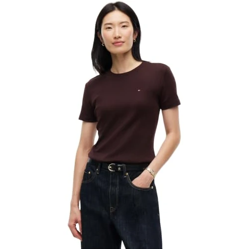 Offerta a tempo: Tommy Hilfiger Donna T-Shirt Maniche Corte New Slim Cody Scollo Rotondo, Marrone (Chocolate), M - 44% da 49.90 € a 27.99 €