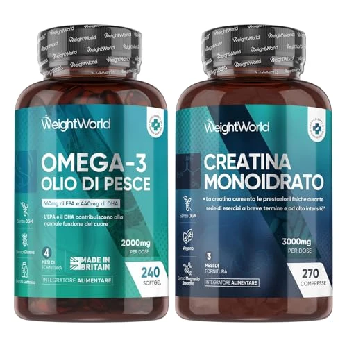 Omega 3 Olio di Pesce e Creatina Monoidrata Bundle, 240 Softgel + 270 Compresse, Omega 3 2000mg con 660mg di EPA e 440mg di DHA, Creatina Monoidrato 3000mg Pre Workout e Post Workout, Senza Glutine