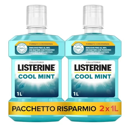Offerta a tempo: LISTERINE Cool Mint, Collutorio al gusto Menta, Con Fluoruro e Oli Essenziali Antibatterici, Collutorio LISTERINE per un alito fresco e un'igiene orale completa, 2 x 1 L – Esclusiva Amazon - 34% da 14.99 € a 9.88 €