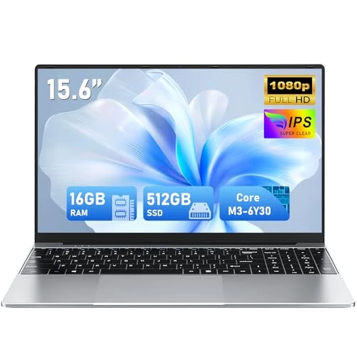 FUNYET 2026 Laptop Win11 39,6 cm (15,6 Zoll), 16 GB RAM 512 GB SSD, Notebook M3-6Y30, IPS FHD 1920 x 1080 Notebook, 180° offener Verschluss, 5000 mAh, TF-Kartensteckplatz, Student
