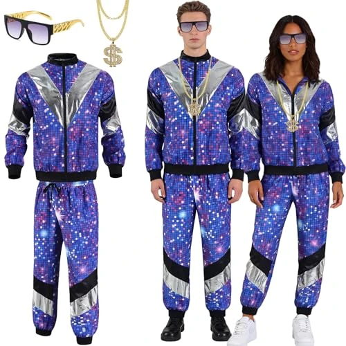 MINGJAY Déguisement Année 80 90 Femme Homme,Tenues des Années 80 et 90,Survêtement Disco Rétro,avec Veste,Pantalon,Lunettes,Collier,Disco Costume Hippie,pour Carnaval Halloween Fête Bad Taste