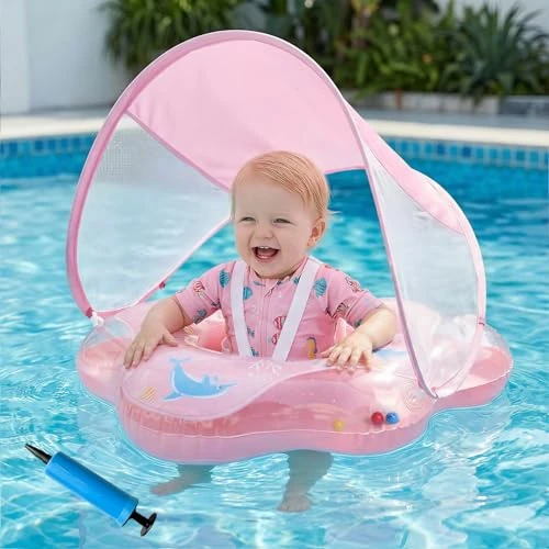 Zeitlich begrenztes Angebot: Olycism Baby Schwimmring mit Sonnendach UPF50+ Schwimmring Baby mit Sonnendach mit 1*Luftpumpe & 2*Flickzeug Aus kinderfreundlichen Materialien Kann 20 kg tragen für Kinder Hellrosa von 22.99 € auf 16.99 € (26% Rabatt)