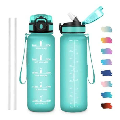 JAPORIA 1L Water Bottle with Straw, Water Bottle with Time Marker, BPA Free Bottles for Running, Camping, Office, Bicycle, Fitness
