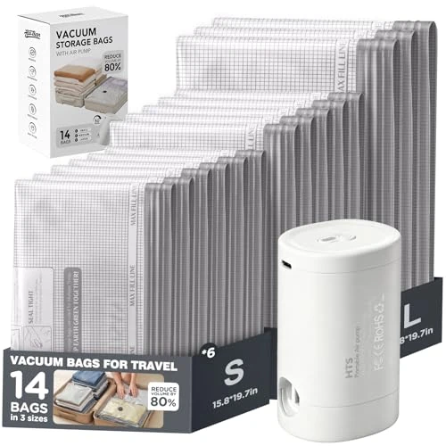 Offerta a tempo: Sacchetti Sottovuoto Vestiti, Sacchetti Sottovuoto Alimenti，Buste Sottovuoto Vestiti con Pompa, Set da 14 Pezzi per Risparmiare Spazio – Ideale per Viaggi, Organizer Valigia, Casa e Campeggio - 0.00% da 19.99 € a 19.99 €