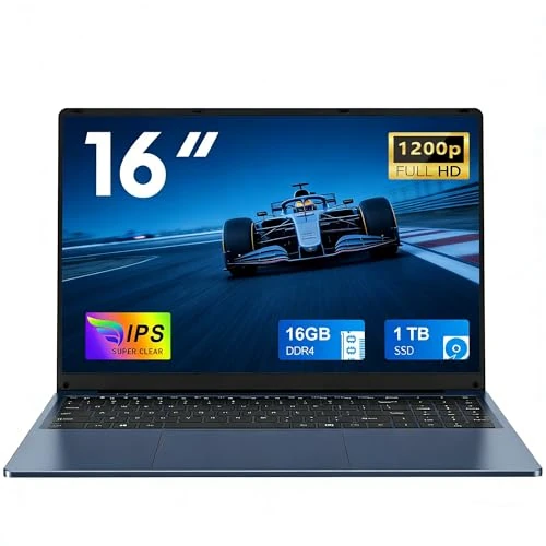 FUNYET 2026 Laptop 16 cali 16 GB RAM 1 TB SSD rozszerzenie 1 TB Laptop 4 rdzenie Celeron N150 do 3,6 GHz Win 11 Laptop FHD 1920×1200 USB3.0 BT5.0 WiFi5 HDMI Klawiatura Podświetlana - niebieska
