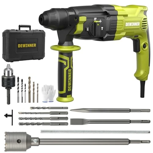 Offerta a tempo: DEWINNER Martello Perforatore 1100 W 3.4 J, 0-1500 RPM/5500 BPM con 4 Funzioni e Frizione di Sicurezza, 20 Accessori tra cui Cemento Seghe a Tazza, Velocità Variabile, Cemento, Acciaio, Legno - 0.00% da 89.99 € a 89.99 €