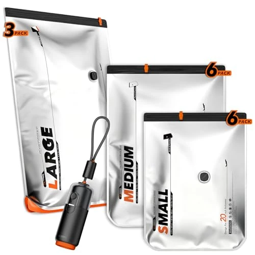 Zeitlich begrenztes Angebot: Vacbird 15 Stück Vakuumbeutel für Kleidung mit wiederaufladbarer elektrischer USB-Pumpe, 5x 40x54cm, 5x 47x64cm und 5x 54x74x12cm – platzsparende Vakuumierbeutel für Reisen und Kofferorganisation von 48.99 € auf 41.63 € (15% R
