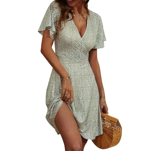Offerta a tempo: Yutdeng Abito Estivo da Donna Abito a Maniche Corte con Scollo a V Vestito Casual Linea ad A Midi Abito al Ginocchio Abiti Elegante Floreale Abito da Spiaggia Abito da Vacanza Prendisole,Verde,XXL - 32% da 21.99 € a 14.99 €