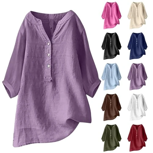 Top da donna in cotone e lino camicia da donna con maniche a 3/4 top da donna con bottoni UK scollo a V magliette casual tinta unita camicie oversize tunica alla moda camicette estive da donna