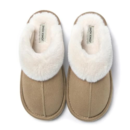 Offerta a tempo: JOMIX Pantofole Donna Invernali Piatte da Casa in Effetto Camoscio | Ciabatte calde con fodera in pelliccia sintetica, soletta morbida e suola TPR antiscivolo e silenziosa, Beige, 37 EU - 19% da 21.98 € a 17.75 €