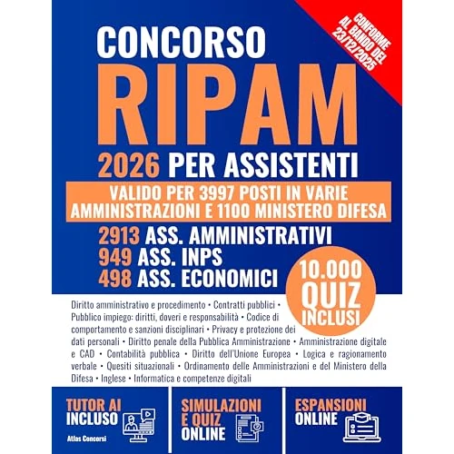 Concorso RIPAM 2026 per Assistenti: Manuale Unico con Teoria e 10.000 Quiz per 2913 Ass. Amministrativi, 949 Ass. INPS, 498 Ass. Economici | 3997 Posti ... e 1100 Ministero Difesa (Italian Edition)
