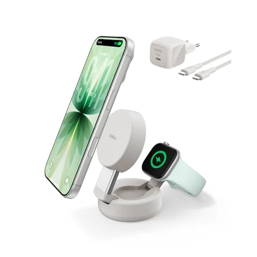 Offerta a tempo: Belkin UltraCharge Pro Caricatore Wireless Magnetico Convertibile 2 in 1 MagSafe Qi2.2 25W, Stazione di Ricarica per iPhone 17, Apple Watch Series 10, Pixelsnap, (Alimentatore 45W Incluso), Sabbia - 15% da 99.99 € a 84.99 €