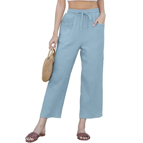 Offerta a tempo: CheChury Pantaloni Donna 7/8 Estivi Pantaloni di Lino e Cotone Pantalone a Vita Alta Elastico Casual Donna Solido Sciolto Gamba Dritta Pantalone a Gamba Larga Leggeri Estivi con Tasche e Coulisse - 61% da 22.99 € a 8.99 €