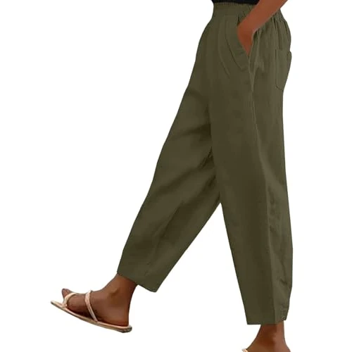 Zeitlich begrenztes Angebot: CheChury Hose Damen Leinen Sommerhose Leinenhose Damen Sommer Hosen 7/8 Casual Leichte Baumwolle Leinenhose Stoffhose Bequeme Luftige Freizeithose Lässige Strandhose Haremshose mit Taschen,Grün,L von 24.99 € auf 23.86 € (4.52%