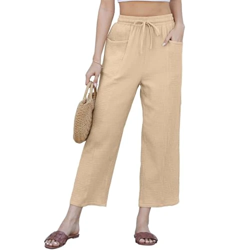 Offerta a tempo: CheChury Pantaloni Donna 7/8 Estivi Pantaloni di Lino e Cotone Pantalone a Vita Alta Elastico Casual Donna Solido Sciolto Gamba Dritta Pantalone a Gamba Larga Leggeri Estivi con Tasche e Coulisse - 70% da 22.99 € a 6.99 €