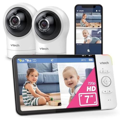 VTech Smart Baby Monitor with 7 Inch HD Color Screen, WiFi, 2 Cameras with 1080P FHD Camera, Free App, Swivel Tilt Zoom Function, Lullaby, Soothing Sounds, Intercom Function: RM7764-2HD
