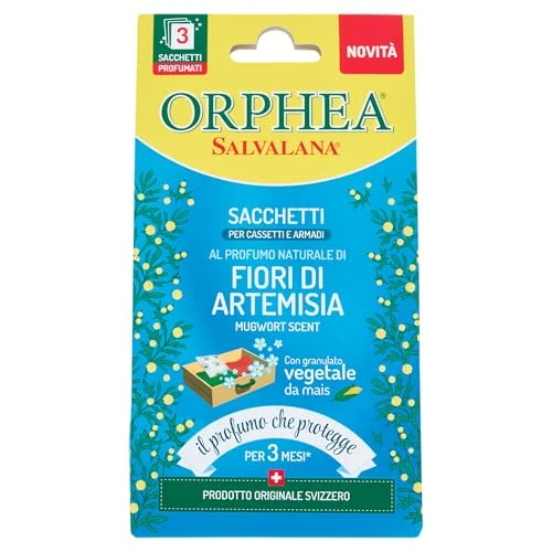 Offerta a tempo: Orphea Salvalana, Sacchetti per Cassetti e Armadi, Per Lana e Vestiti Tutta la Stagione, Profumo di Fiori di Artemisia, Agisce per 3 Mesi - 3 Sacchetti in Carta di Canapa - 43% da 4.20 € a 2.40 €