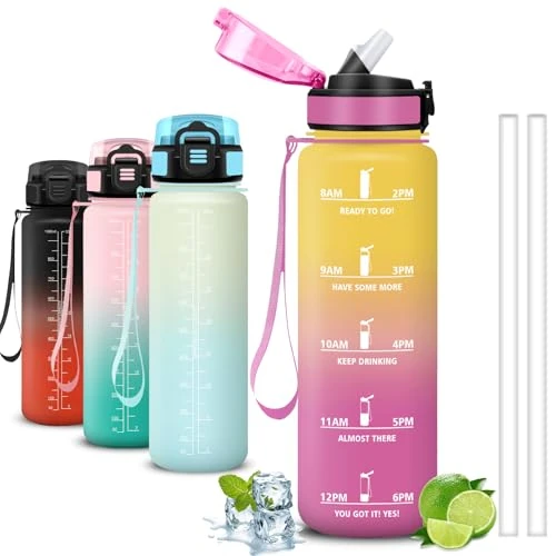 Mujigaga Trinkflasche 1l, Trinkflasche mit Strohhalm, Wasserflasche mit Motivierendem Slogan, Auslaufsicher, Wasserflasche mit Zeitmarkierung, für Fahrrad, Wandern, Camping, Running