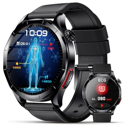 Lgnitek Smartwatch Herren mit EKG+HRV/ΒΙυtdruckmessung/ΒΙυτｚυcker/Harnsäure/BMI, 1,43 Zoll AMOLED Gesundheitsuhr mit SOS-Notruf, 24/7 Herzfrequenz/Apnoe/Schlafmonitor/SpO2, Android/iOS