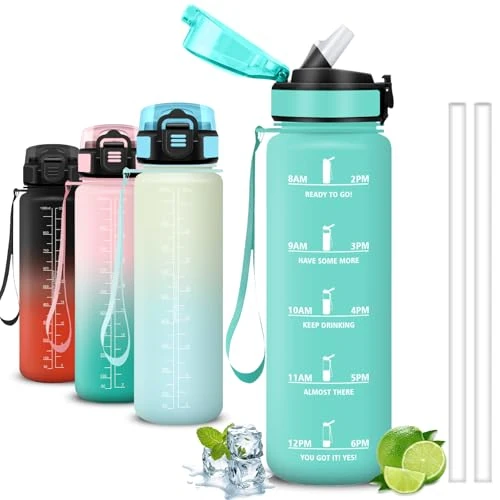 Mujigaga Drinking Bottle - 1 Litre Sports Water Bottle, Can Be Carried, Bottle with Straw, Water Bottle, Leak-Proof, Water Bottle for Running, Hiking, Camping, Yoga