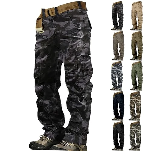 Generico Men's Tactical Camouflage Cargo Work Trousers, Waterproof Cut-Resistant, Multiple Pockets, Elastic Waist, for Industrial Hunting Trekking, Multiple Sizes, #A01 Dark Grey, 14