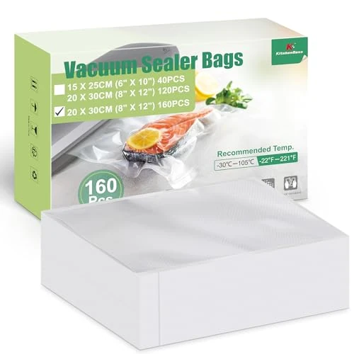 Offerta a tempo: KitchenBoss Sacchetti Sottovuoto Alimenti 160 Pezzi 20x30 cm：Buste Sottovuoto Alimenti Goffrate 175µm per Conservazione Cibi, Adatte per Congelamento, Sous Vide e Microonde, Senza BPA - 15% da 19.99 € a 16.99 €