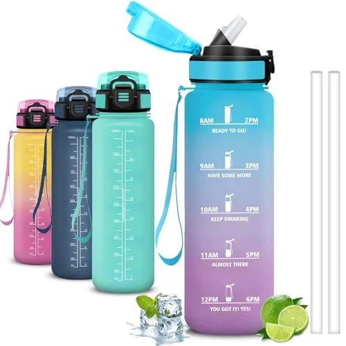 Mujigaga Wasserflasche- 1 liter- Trinkflasche Sport, Leicht zu Reinigen, Trinkflasche mit Strohhalm, Auslaufsicher, Wasserflasche mit Zeitmarkierung, für Running, Camping, Yoga