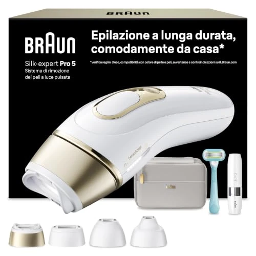 Offre limitée : Braun Epilateur Lumiere Pulsee Silk·expert Pro 5 PL5412, Blanc et Or – Alternative au Laser à Domicile, Filaire, avec Pochette, Mini Rasoir Visage, Manche et Cartouche De Lames Gillette Venus, 4 Têtes de 616.99 € à 399.99 € (35% de remise)