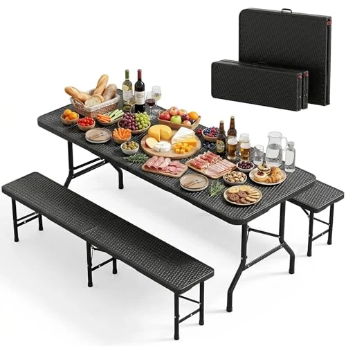 Offerta a tempo: JUMMICO 3 Tavolo Giardino e Sedie da Esterno Set Birreria Pieghevole(Tavolo + 2 Panche) Effetto Rattan HDPE 300kg, Montaggio in 30 Secondi, Salvaspazio per Campeggio Spiaggia Picnic BBQ - 0.00% da 129.00 € a 129.00 €