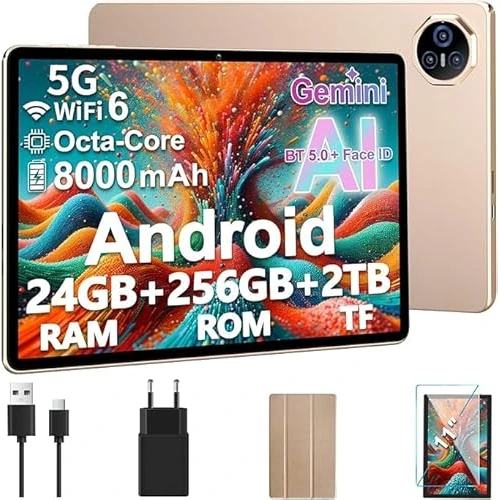 Dghrti 2025 Tablet 11 Zoll Touch Android 14, 24GB RAM + 256GB ROM (2TB TF), Octa-Core, UFS 2.2 Flash, FHD IPS, 8000mAh, 3D Sound, 13MP + 5MP, Dual WiFi, BT 5.0, Widevine L1, Face ID, Gold