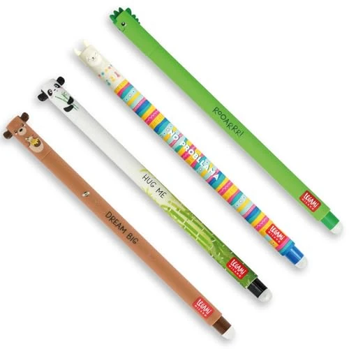 Legami Zestaw 4 zmywalnych długopisów żelowych, motyw Dino, Teddy Bear, Panda, Llama, kulka do usuwania tuszu - czarny, niebieski, zielony, czerwony, termoczuły, średnica końcówki 0,7 mm