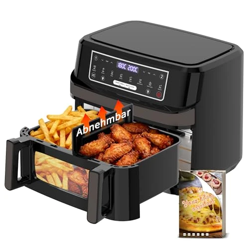 Zeitlich begrenztes Angebot: Heißluftfritteuse 12L | Air Fryer XXL Variabel für Einzel und Zweikammer, 2600W Doppel-Heizelement Separate Temper mit Sichtfenster und Innenlicht, Airfryer Doppelkammer 8-in-1 Touch-Steuerung Rezept von 124.99 € auf 93.19 € (