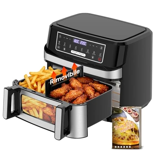 Offerta a tempo: Friggitrice ad Aria 12L | Friggitrice Aria XXL Modalità Flessibile 1 o 2 Zone, 2600W Doppia Resistenza Controllo Indipendente Finestra & Luce Interna, Air Fryer Grande 8-in-1 Touch Control Ricettario - 15% da 129.99 € a 111.14 €