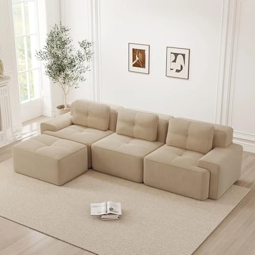 Offerta a tempo: Bladez Cloud Divano ad angolo moderno a forma di L in velluto jumbo con ottomana, senza montaggio, divano imbottito cloud, combinabile per il soggiorno (beige, 3 posti + 1) - 5% da 510.00 € a 484.50 €