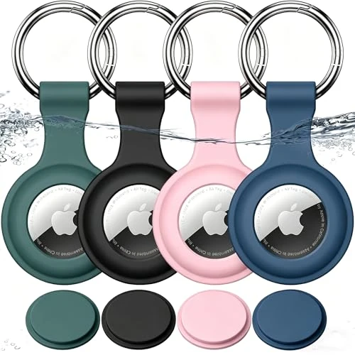 Offerta a tempo: Joremx Impermeabile per Apple AirTag Portachiavi, Silicone Porta per AirTag di 1ª e 2ª Gen, da Attaccare a Chiavi/Valigie/Collari per Cani, 4 Pack (Rosa + Verde + Blu marino + Nero) - 12% da 12.98 € a 11.39 €