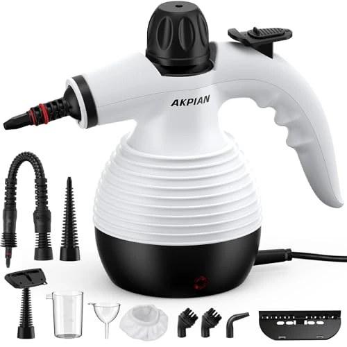 AKPIAN Limpiador Vapor Portátil, Limpiador Vapor, Vaporizador limpieza, Limpiador a Vapor Multiusos Bloqueo Seguridad Juego 10 Accesorios para Alfombras, Cortinas, Sofás, Cocina, Baño