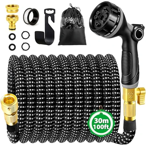 WEVOL Flexible Garden Hose 30 m, Flexible Garden Hose Expandable with 3/4 Inch and 1/2 Inch Brass Connector and Wall Mount, Water Hose Flexible with 10 Function Garden Shower for Garden Watering