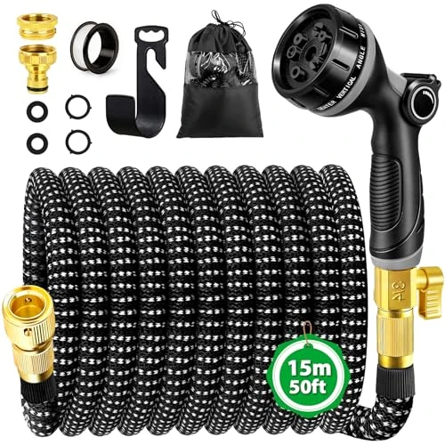 WEVOL Tuyau Arrosage Extensible 15m, Tuyau d'arrosage Retractable avec 1/2" et 3/4" Adaptateur, Tuyaux d'arrosage avec 10 Modèles de Pulvérisation pour Jardin Irrigation Nettoyage Laver la Voiture