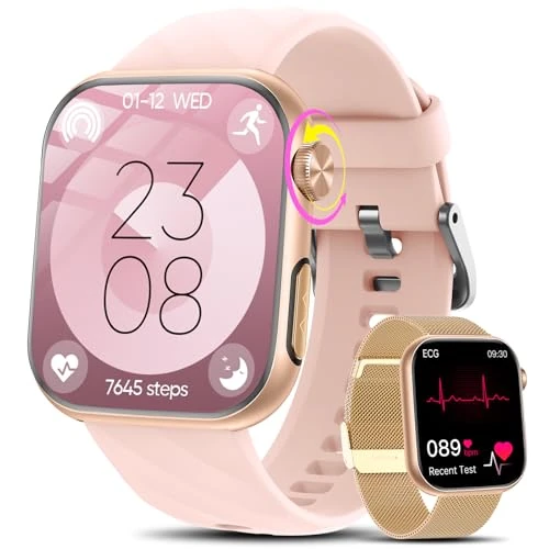 2026 Neue Smartwatch Damen mit 100 + Sport Modes, 1,97-Zoll HD AMOLED Fitnessuhr mit Bluetooth-Anruffunktion, SOS-Taste Nachrichtenerinnerung, IP68 wasserdicht,uhr kompatibel iOS Android (Gold + Rosa)
