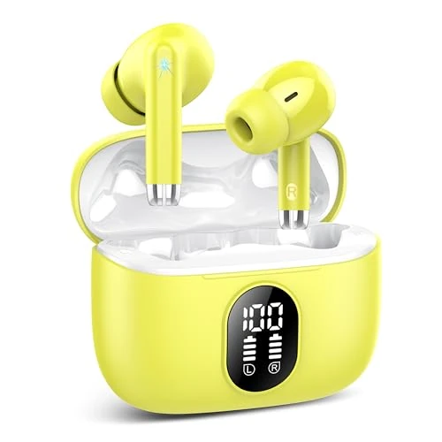 QXQ Nuovo Cuffie Bluetooth, Auricolari Bluetooth 5.4 Hi-Fi Stereo con 4 ENC Mic, 40 Ore Mini Cuffiette Bluetooth Cancellazione Rumore Cuffie Wireless, Cuffie Senza Filo per Android/iOS, Giallo Puro