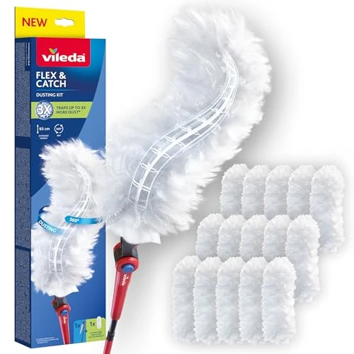 Offerta a tempo: Vileda Flex&Catch kit catturapolvere con manico lungo e 15 ricambi |Cattura fino a 3 volte più polvere rispetto ai piumini tradizionali | Manico estensibile fino a 93cm | Gancio per fissare il piumino - 23% da 21.99 € a 16.99 €