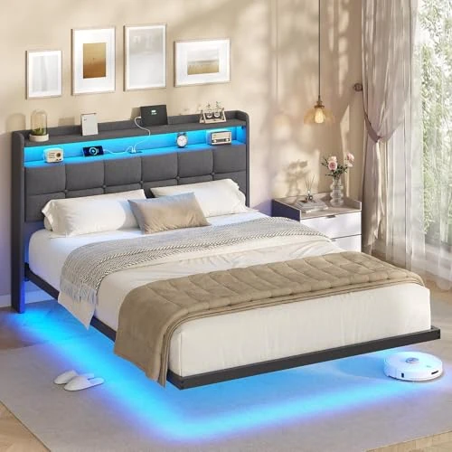 AOGLLATI Double Bed 140 x 200 cm with Levitating Visual Effect, Bed Frame with LED and Charging Station, Bed with Padded Headboard and Metal Frame, Without Mattress, Dark Grey