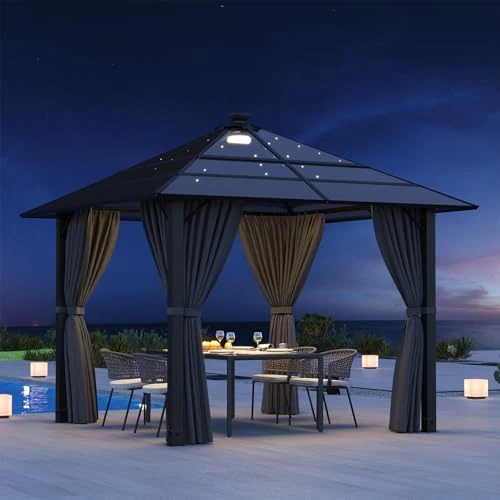 Devoko Tuinpaviljoen, 3 x 3, waterdicht en stabiel, met ledlicht, tuinpaviljoen voor buiten van aluminium, gloriette met vast dak, uv-bestendig, hardtop paviljoen, geschikt voor buiten