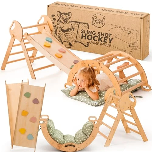 Goodevas 5-in-1 Montessori Klettergerüst Set: Indoor Kletterdreieck, Kletterbogen mit Kissen, und Rutsche für Kinder, Indoor Spielplatz 1-3 Jahre