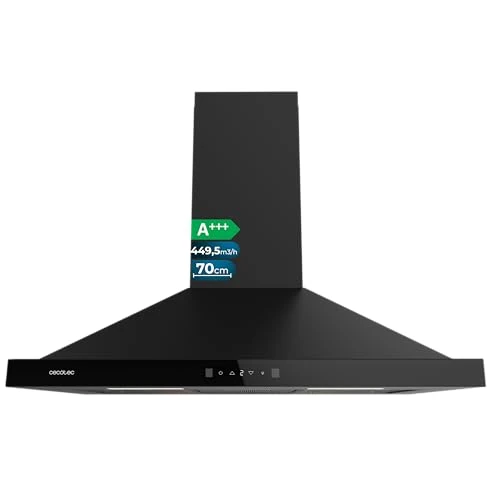 Cecotec Bolero Flux PT 704400 Black A+++ Pyramid Extractor Hood 70 cm Front Glass, Suction 449.5 m³/h, Invisible Touch Control, Booster Function, Washable Filters, Class A+++