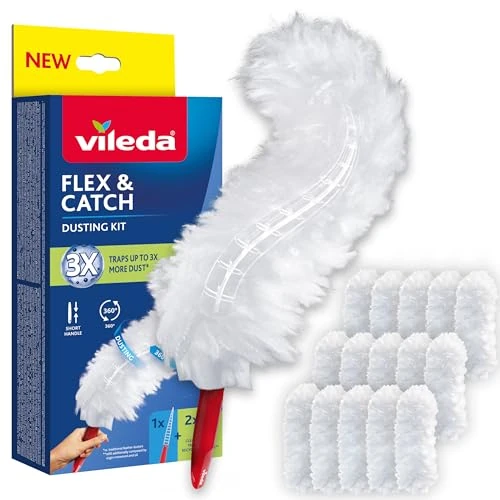 Offerta a tempo: Vileda Flex&Catch kit catturapolvere con manico corto e 15 ricambi | Cattura fino a 3 volte più polvere rispetto ai piumini tradizionali | Gancio per fissare il piumino - 15% da 19.99 € a 16.99 €