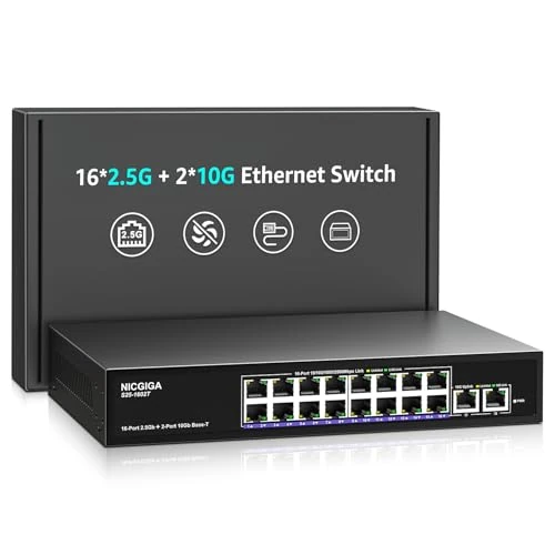 Offerta a tempo: Switch Ethernet da 10 Gbe non gestito con 2 porte RJ45 da 10 Gb + 16 porte Base-T da 2,5 Gb, montaggio a parete NICGIGA 18 porte 10 Gbps di rete per Wireless AP, NAS, PC - 0.00% da 249.99 € a 249.99 €