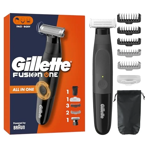 Gillette Tondeuse Et Rasoir Electrique Homme Série Fusion One, Hybride Tout-En-Un Pour Le Rasage Corporel Et Du Visage, Tête Pivotante, 3 x Sabots Barbe Et 2 x Corps, Etanche, Sans Fil, Par Braun